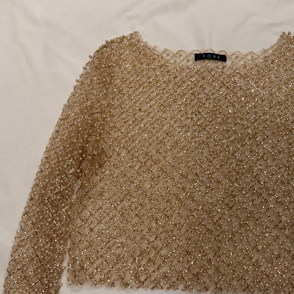 Fore Elegant Gold Pearl studded Women's Top size medium - Picture 2 of 6